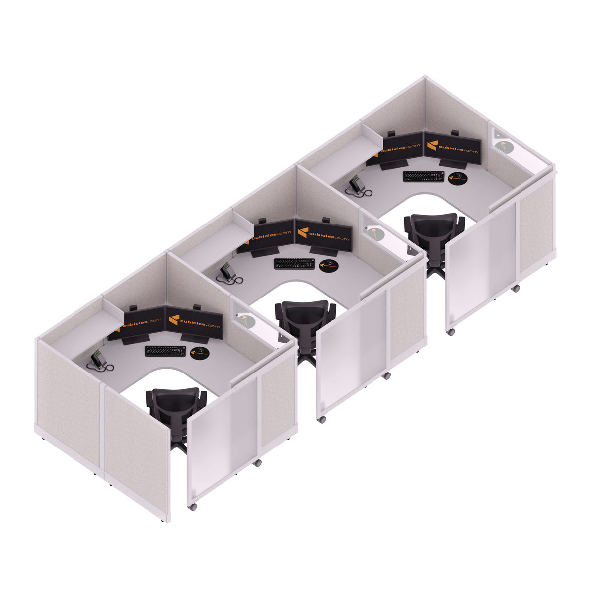 Cubicles With Sliding Doors 53H 3-Pack In-Line Powered