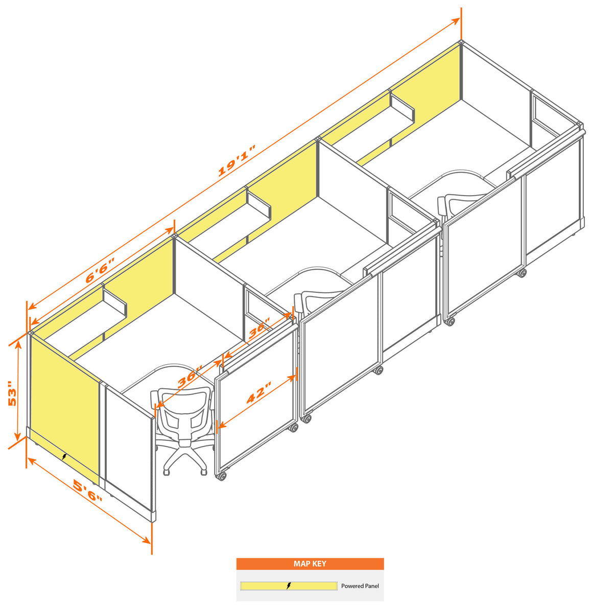 Cubicles With Sliding Doors 53H 3-Pack In-Line Powered