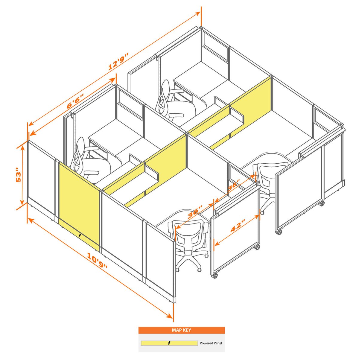 Cubicles With Sliding Doors 53H 4-Pack Cluster Powered