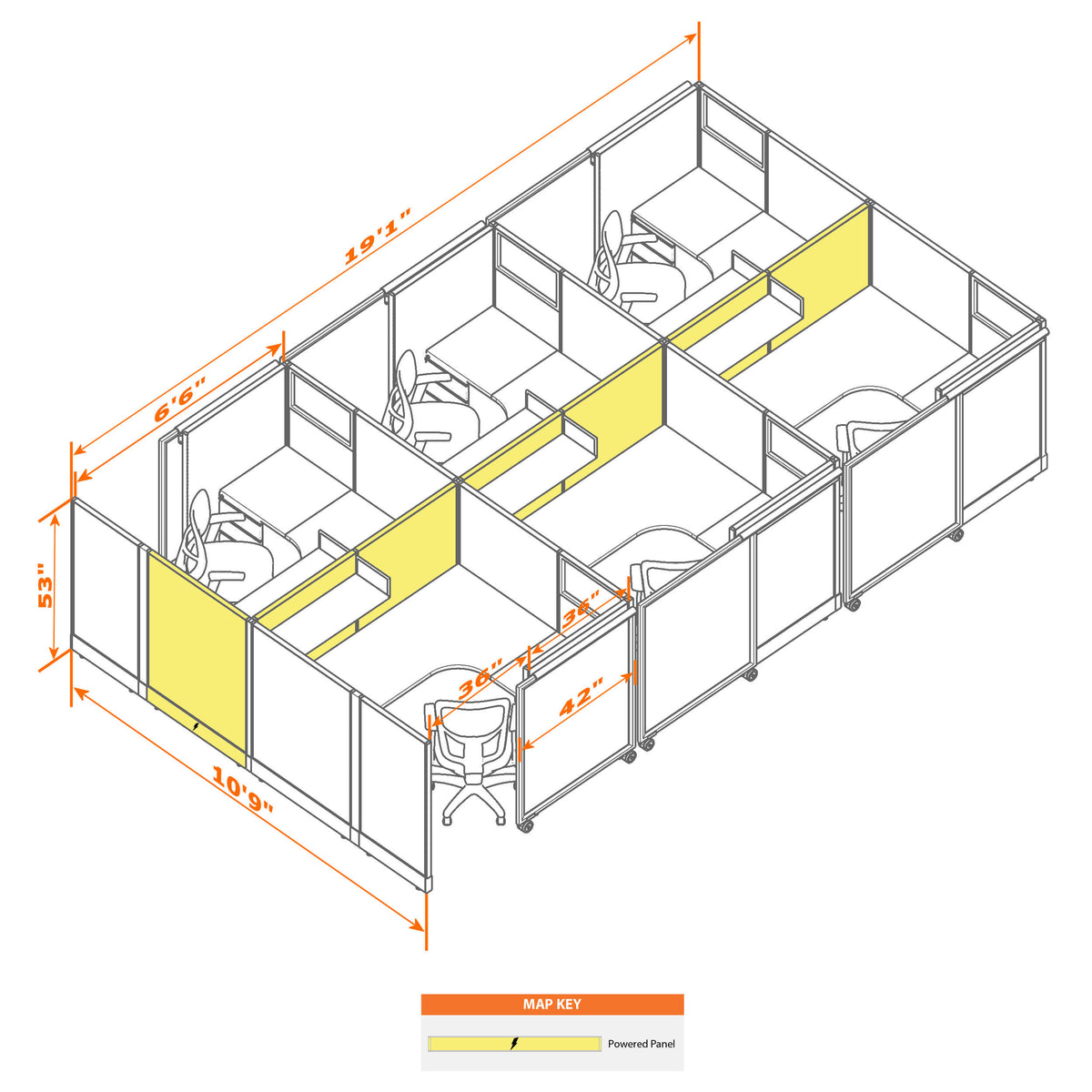 Cubicles With Sliding Doors 53H 6-Pack Cluster Powered