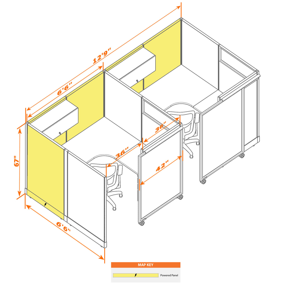 Cubicles With Sliding Doors 67H 2-Pack In-Line Powered
