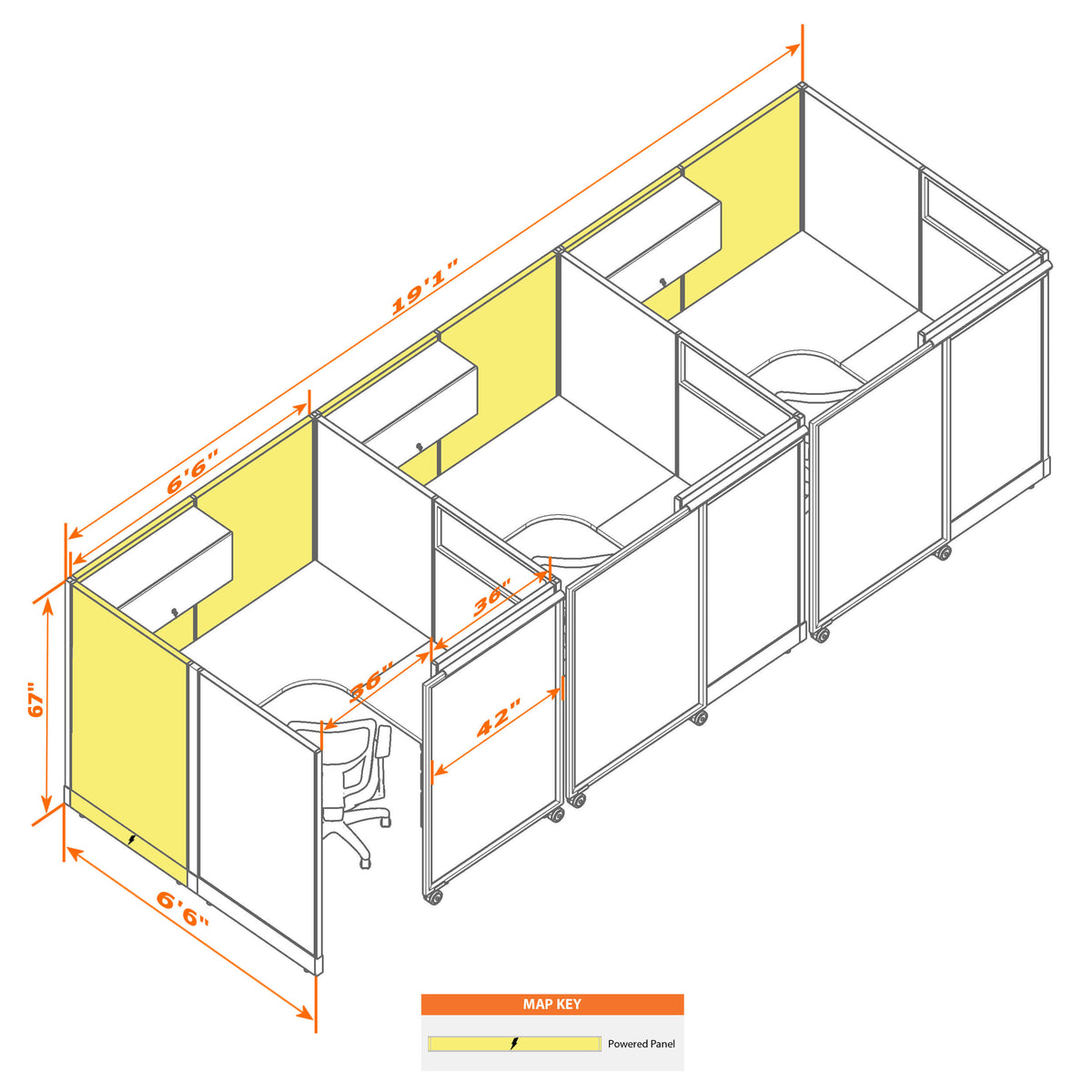 Cubicles With Sliding Doors 67H 3-Pack In-Line Powered