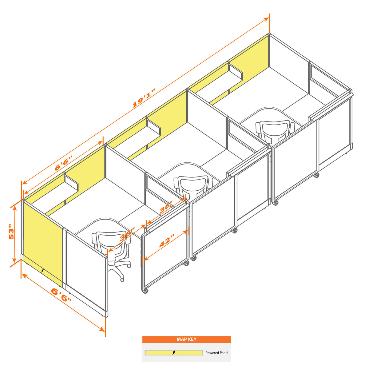 Cubicles With Sliding Doors 53H 3-Pack In-Line Powered