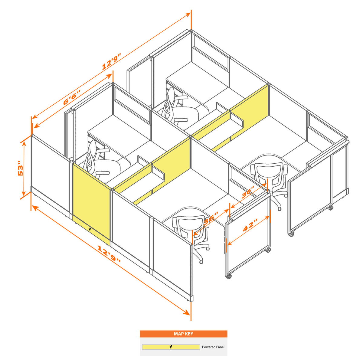 Cubicles With Sliding Doors 53H 4-Pack Cluster Powered