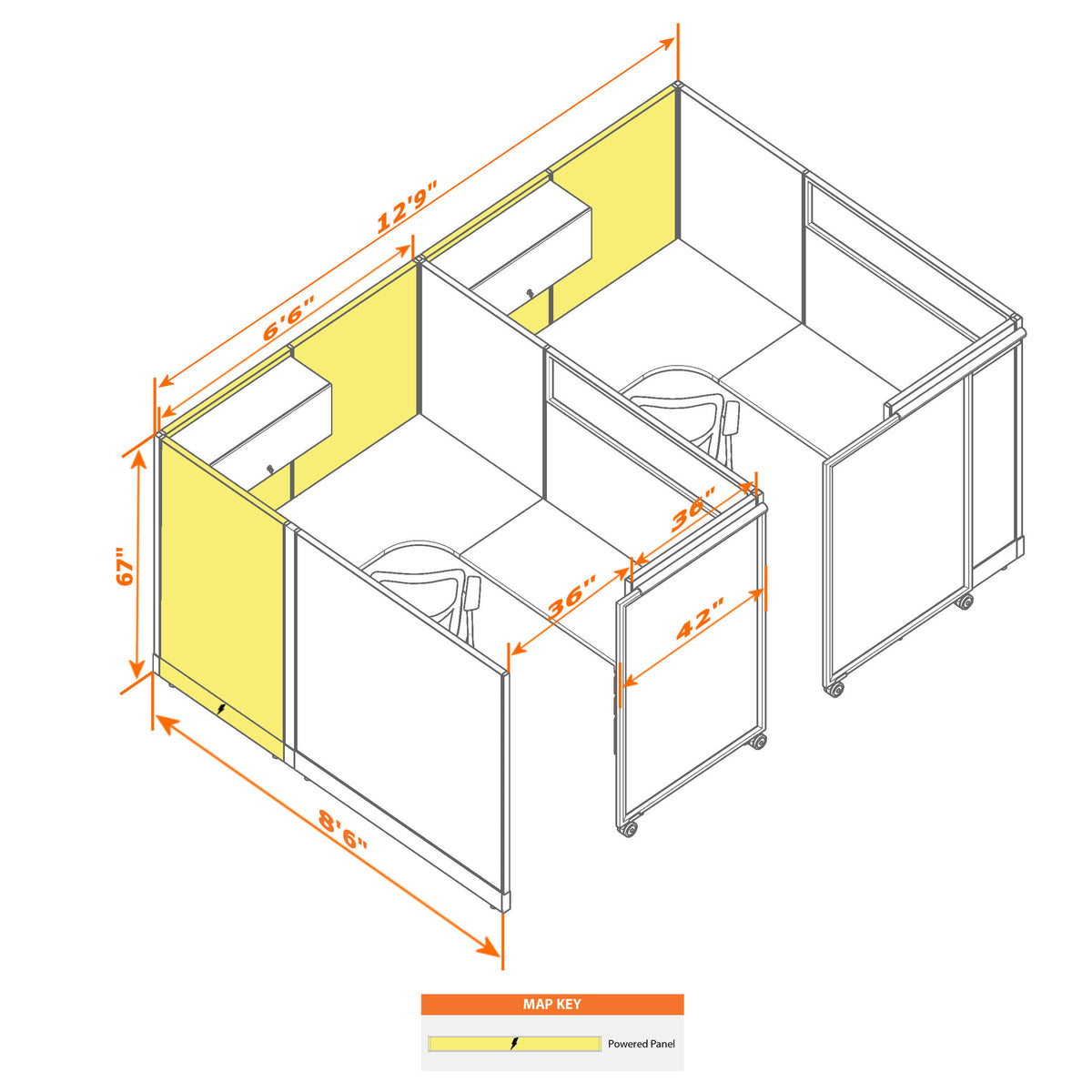 Cubicles With Sliding Doors 67H 2-Pack In-Line Powered