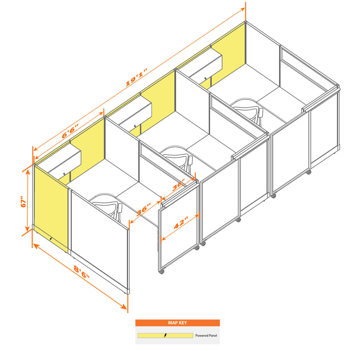 Cubicles With Sliding Doors 67H 3-Pack In-Line Powered