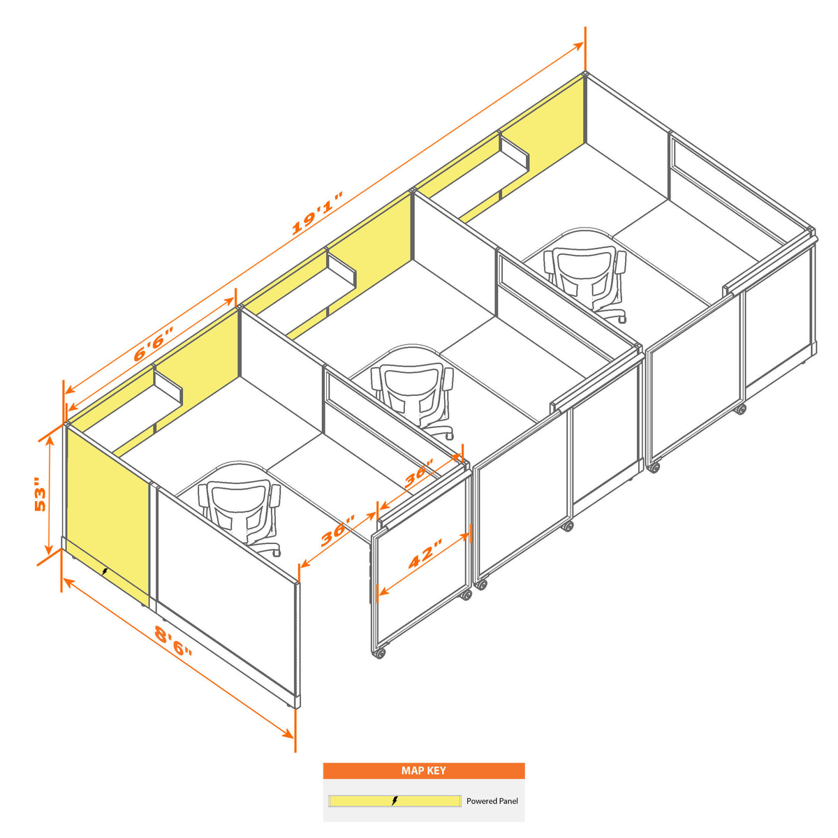Cubicles With Sliding Doors 53H 3-Pack In-Line Powered