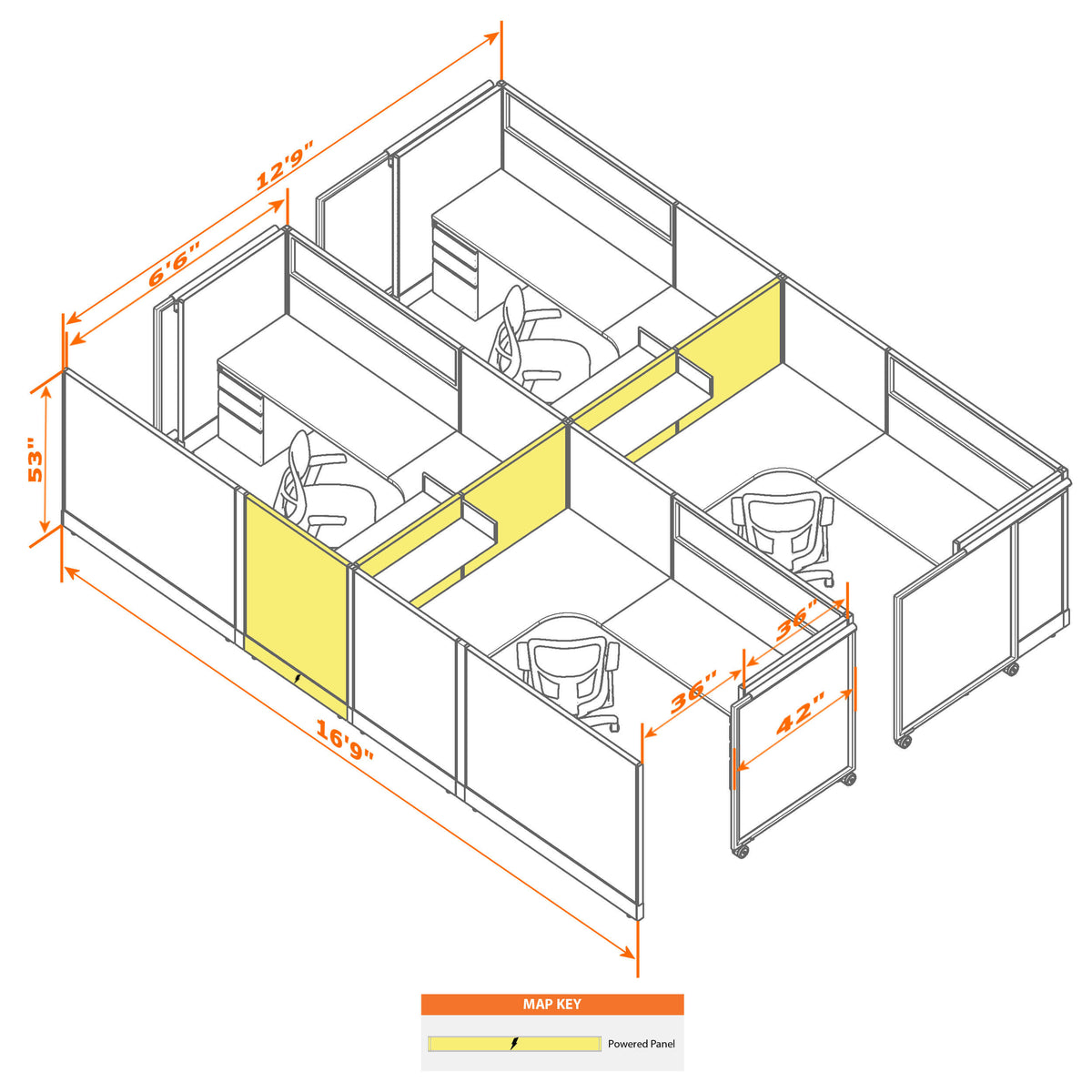 Cubicles With Sliding Doors 53H 4-Pack Cluster Powered