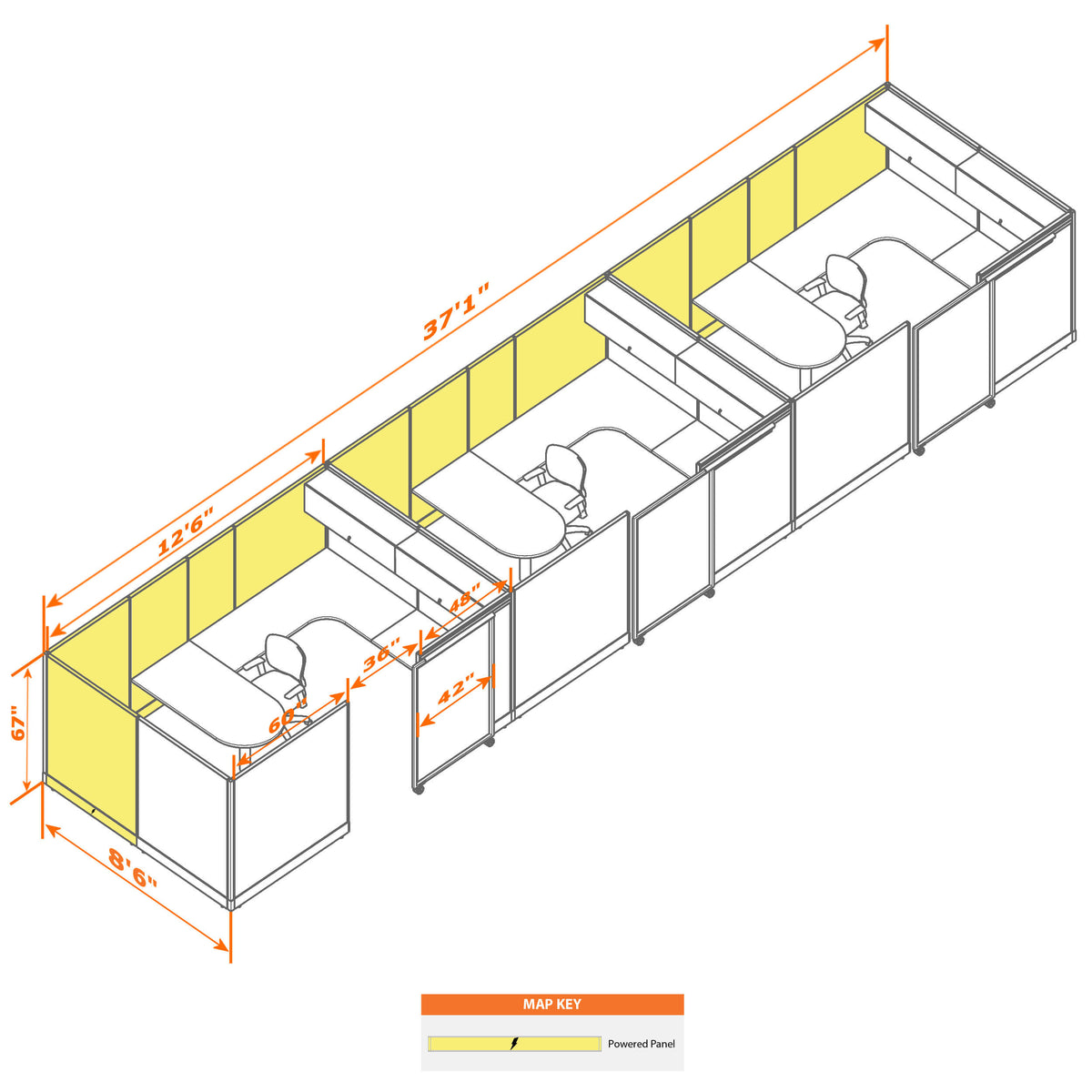 Cubicles With Sliding Doors 67H 3-Pack In-Line Powered