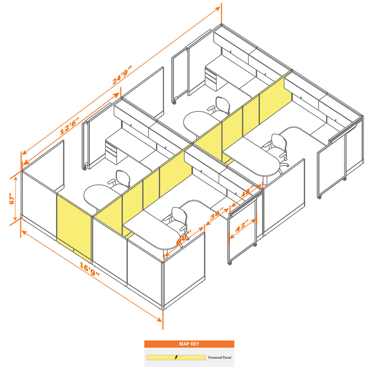 Cubicles With Sliding Doors 67H 4-Pack Cluster Powered