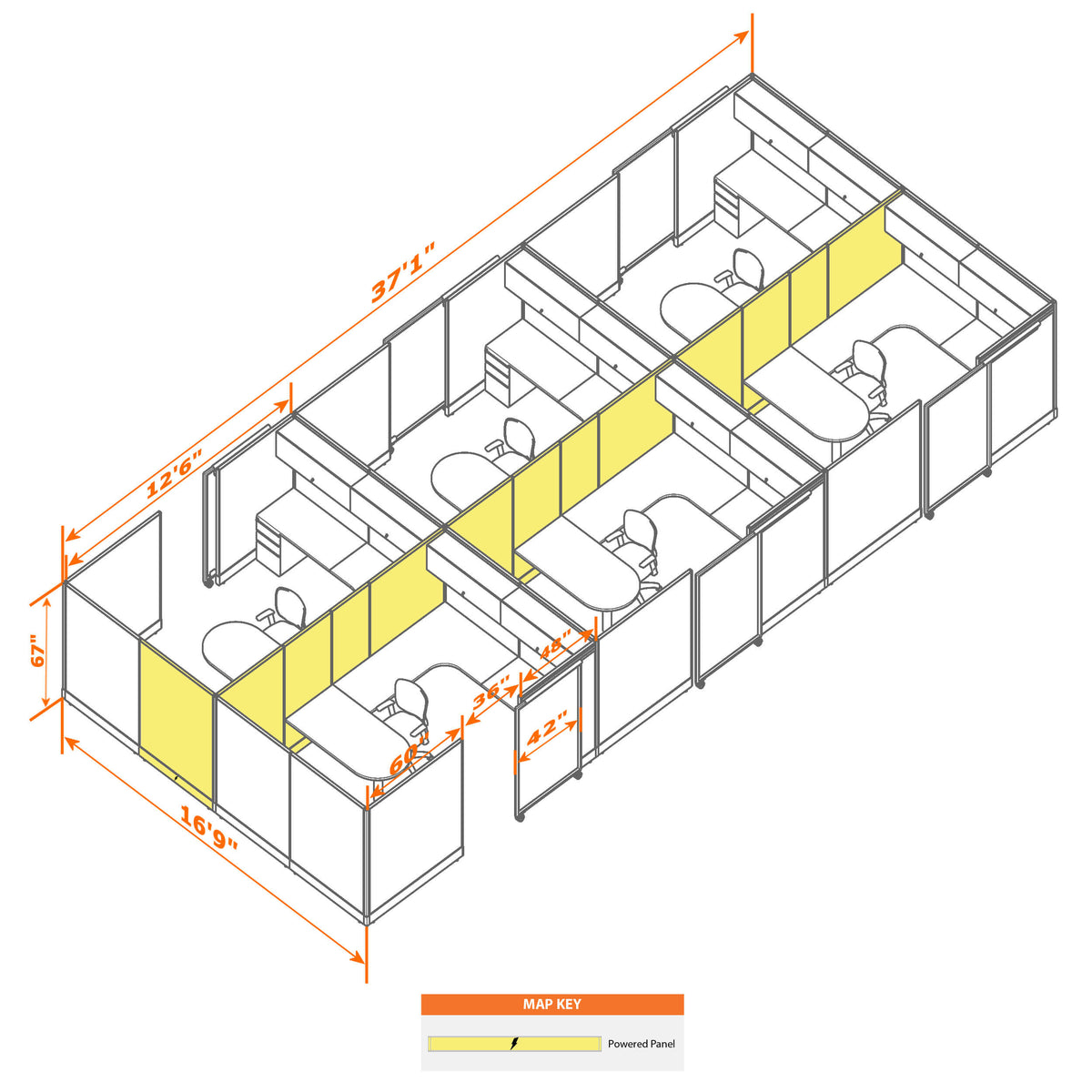 Cubicles With Sliding Doors 67H 6-Pack Cluster Powered