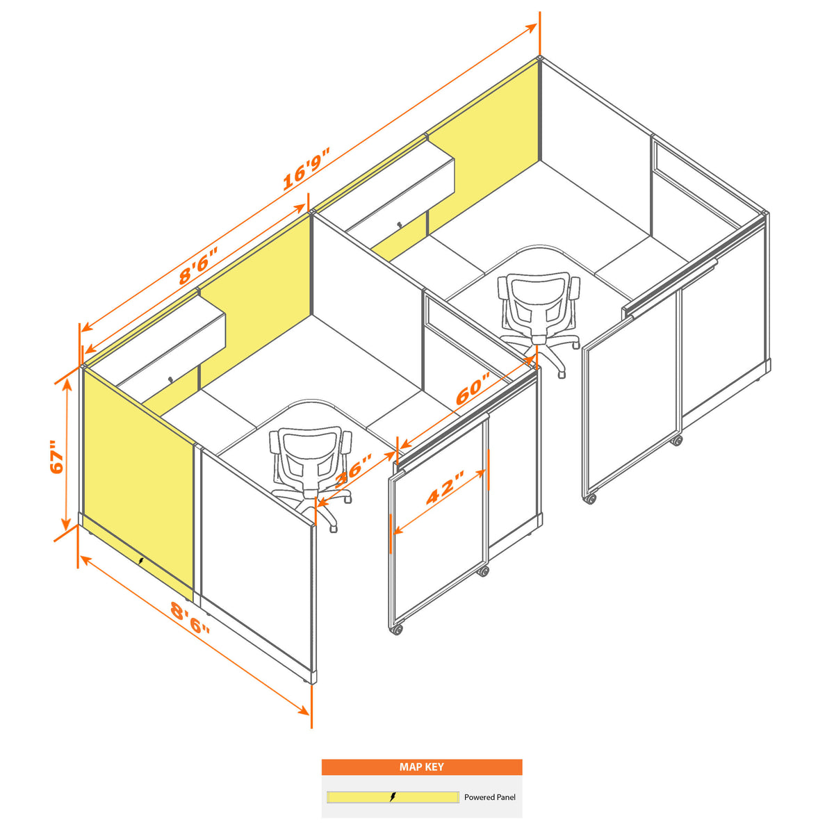 Cubicles With Sliding Doors 67H 2-Pack In-Line Powered