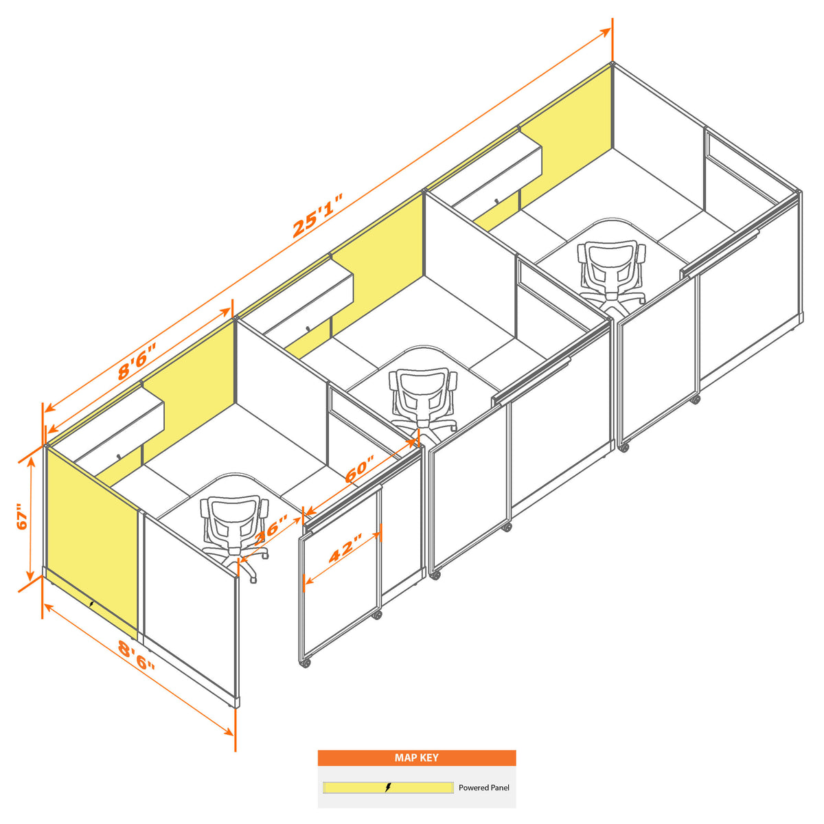 Cubicles With Sliding Doors 67H 3-Pack In-Line Powered