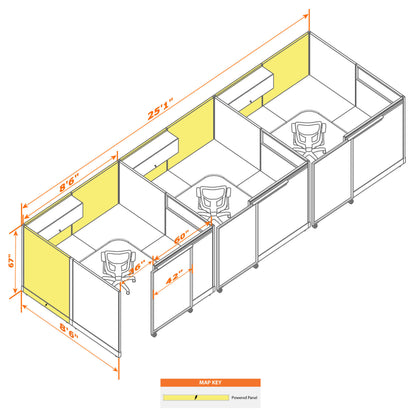 Cubicles With Sliding Doors 67H 3-Pack In-Line Powered