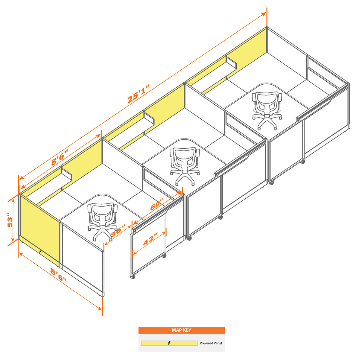Cubicles With Sliding Doors 53H 3-Pack In-Line Powered