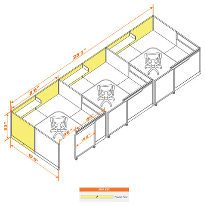 Cubicles With Sliding Doors 53H 3-Pack In-Line Powered