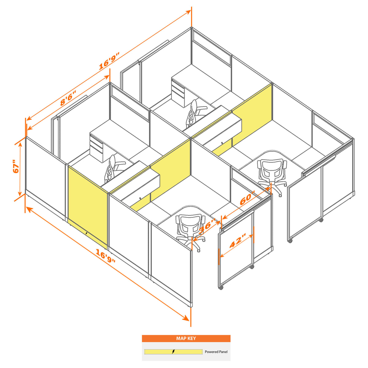 Cubicles With Sliding Doors 67H 4-Pack Cluster Powered