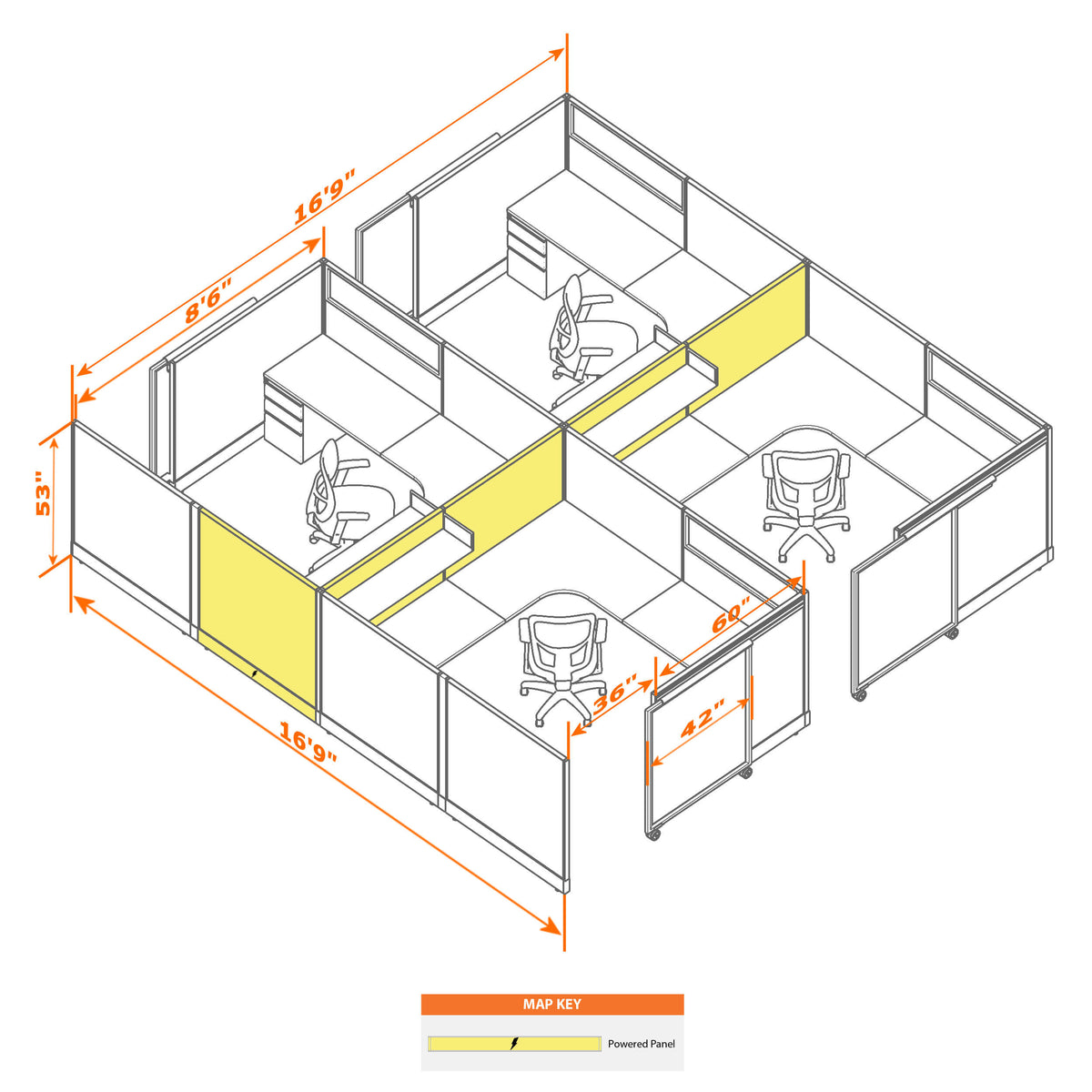 Cubicles With Sliding Doors 53H 4-Pack Cluster Powered