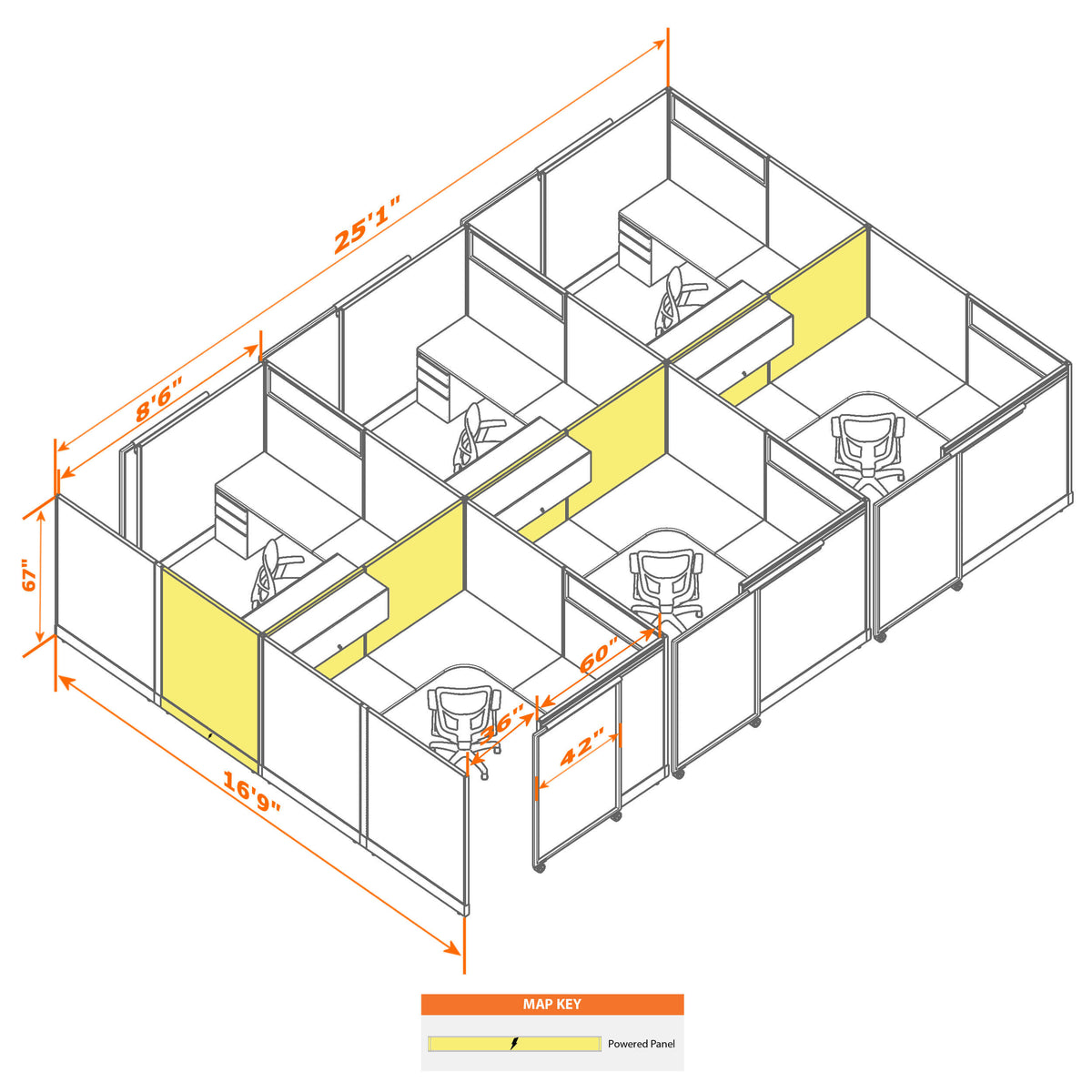 Cubicles With Sliding Doors 67H 6-Pack Cluster Powered