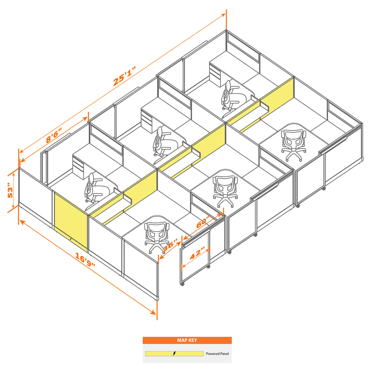 Cubicles With Sliding Doors 53H 6-Pack Cluster Powered