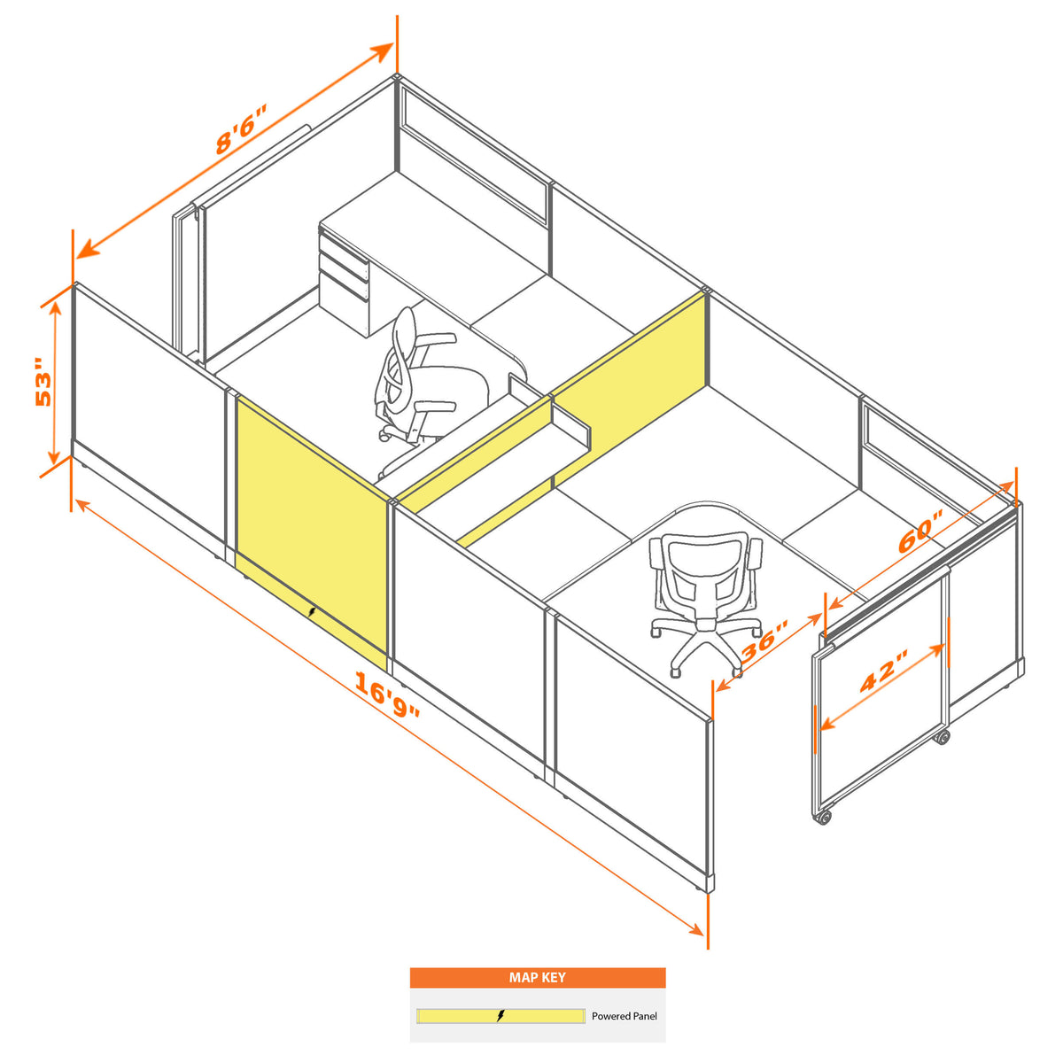 Cubicles With Sliding Doors 53H 2-Pack Cluster Powered