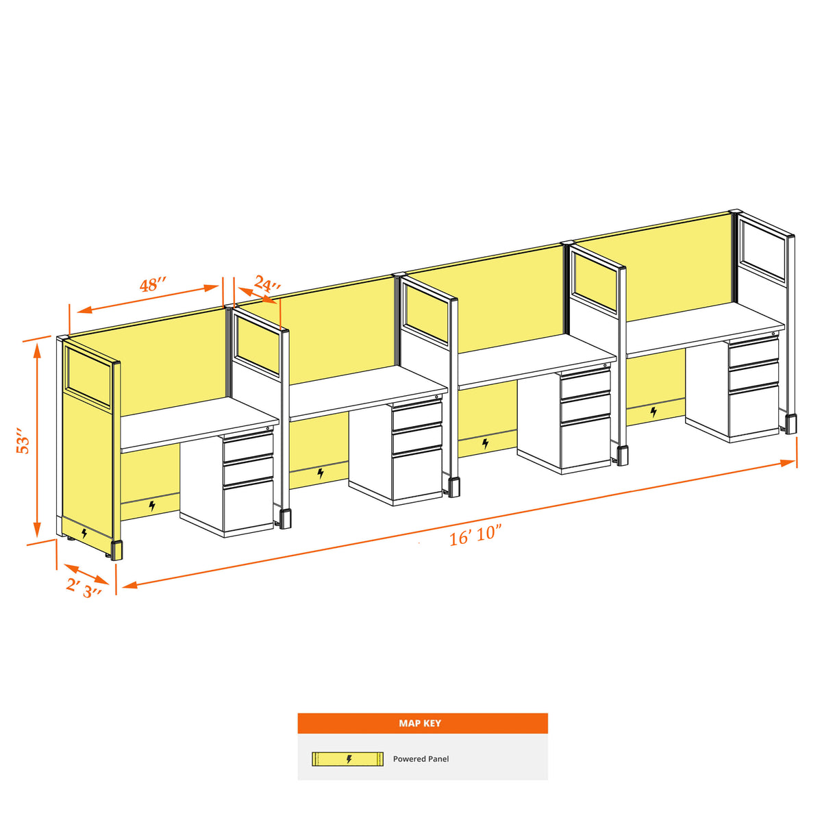 Call Center Cubicles With Glass 53H 4-Pack In-Line Powered