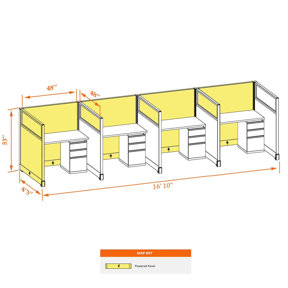 Call Center Cubicles With Glass 53H 4-Pack In-Line Powered