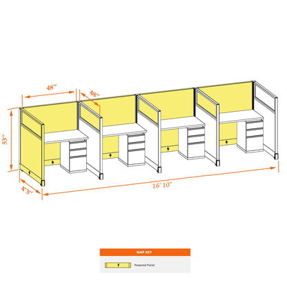 Call Center Cubicles With Glass 53H 4-Pack In-Line Powered