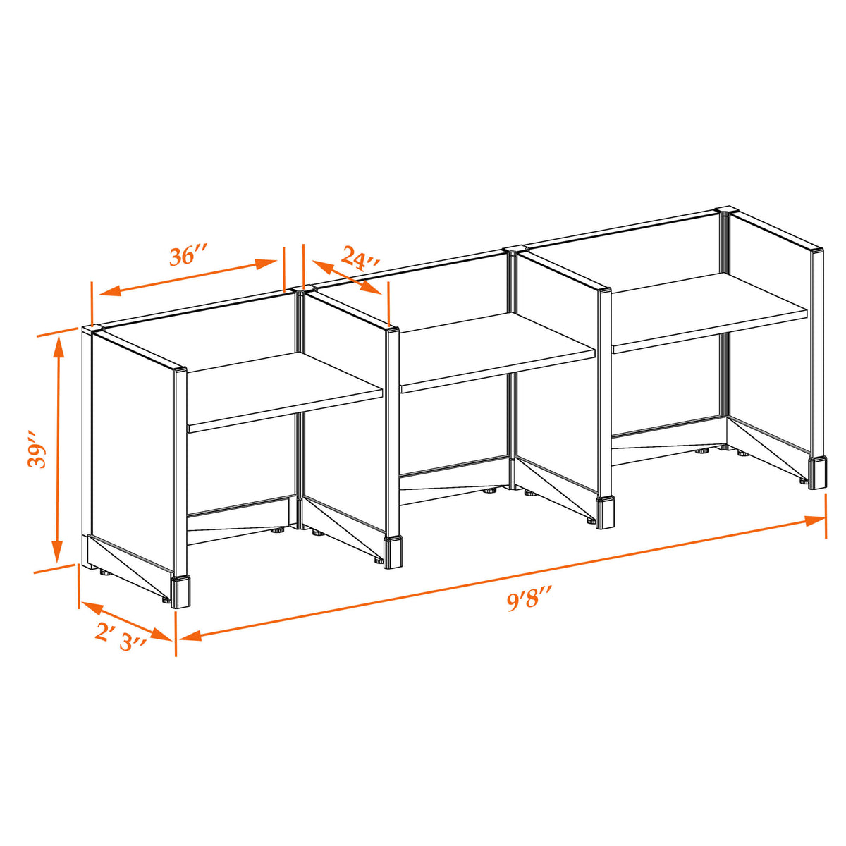 Call Center Cubicles 39H 3-Pack In-Line Non-Powered