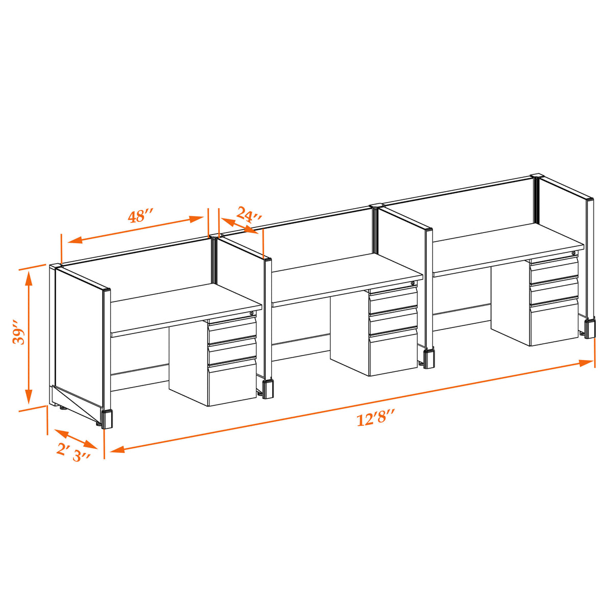 Call Center Cubicles 39H 3-Pack In-Line Non-Powered
