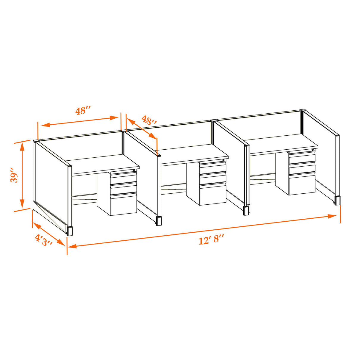 Call Center Cubicles 39H 3-Pack In-Line Non-Powered