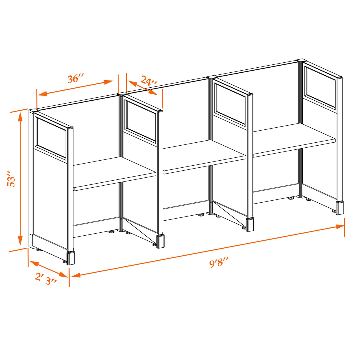 Call Center Cubicles With Glass 53H 3-Pack In-Line Non-Powered