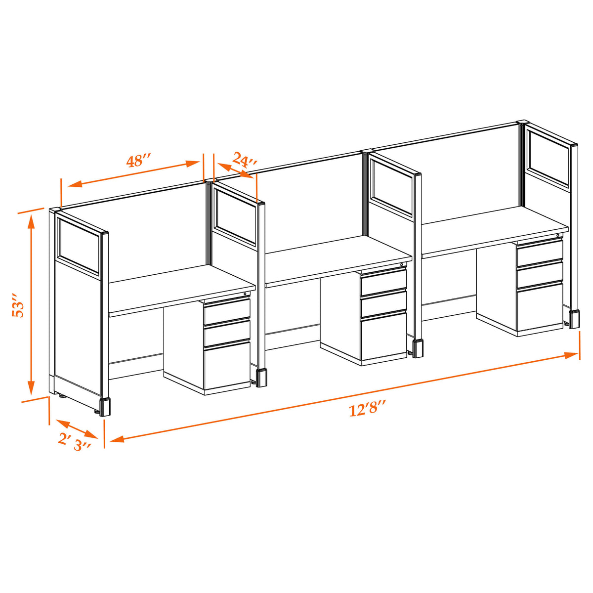 Call Center Cubicles With Glass 53H 3-Pack In-Line Non-Powered