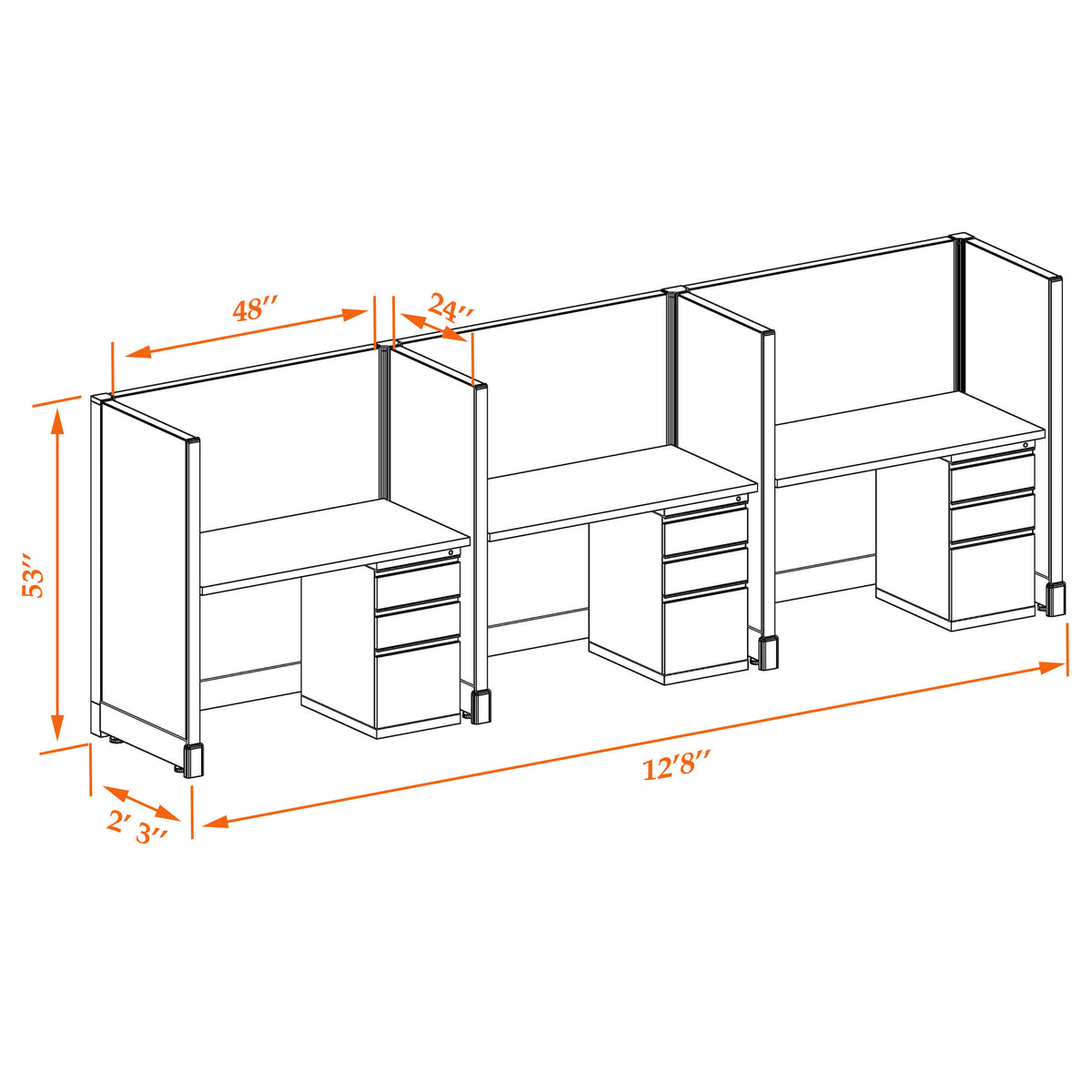 Call Center Cubicles 53H 3-Pack In-Line Non-Powered