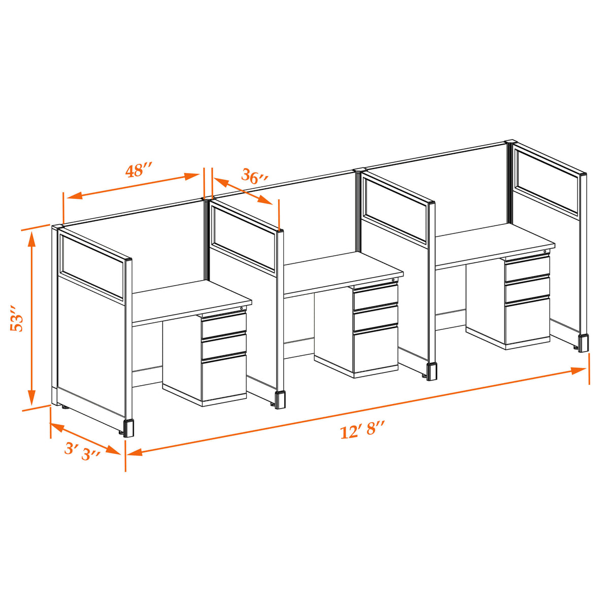 Call Center Cubicles With Glass 53H 3-Pack In-Line Non-Powered