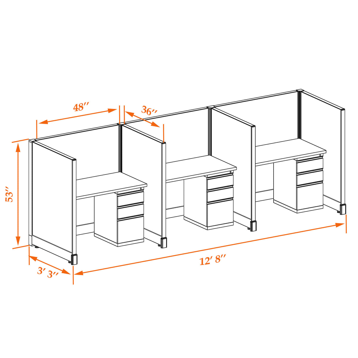 Call Center Cubicles 53H 3-Pack In-Line Non-Powered