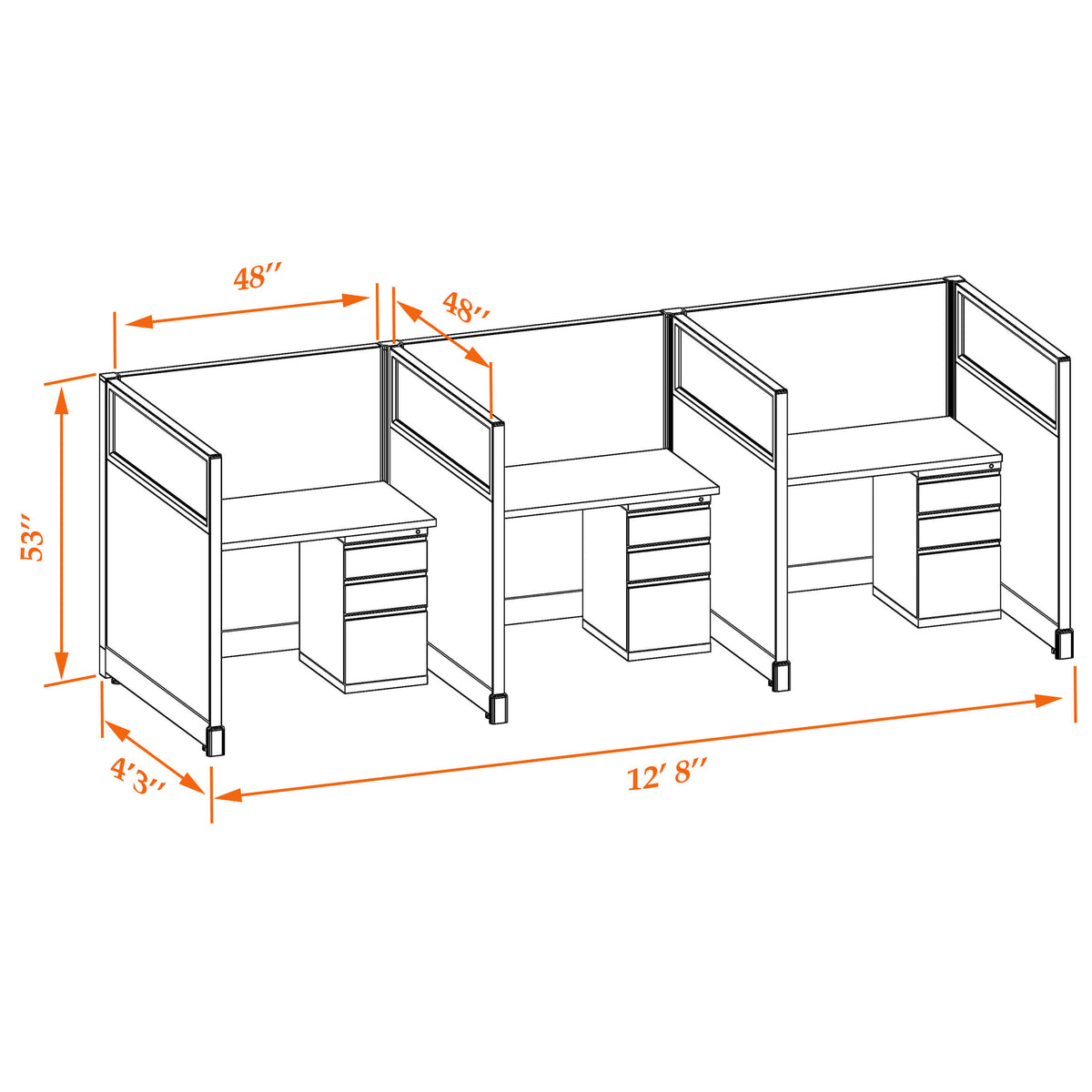 Call Center Cubicles With Glass 53H 3-Pack In-Line Non-Powered