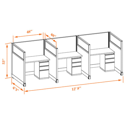 Call Center Cubicles With Glass 53H 3-Pack In-Line Non-Powered