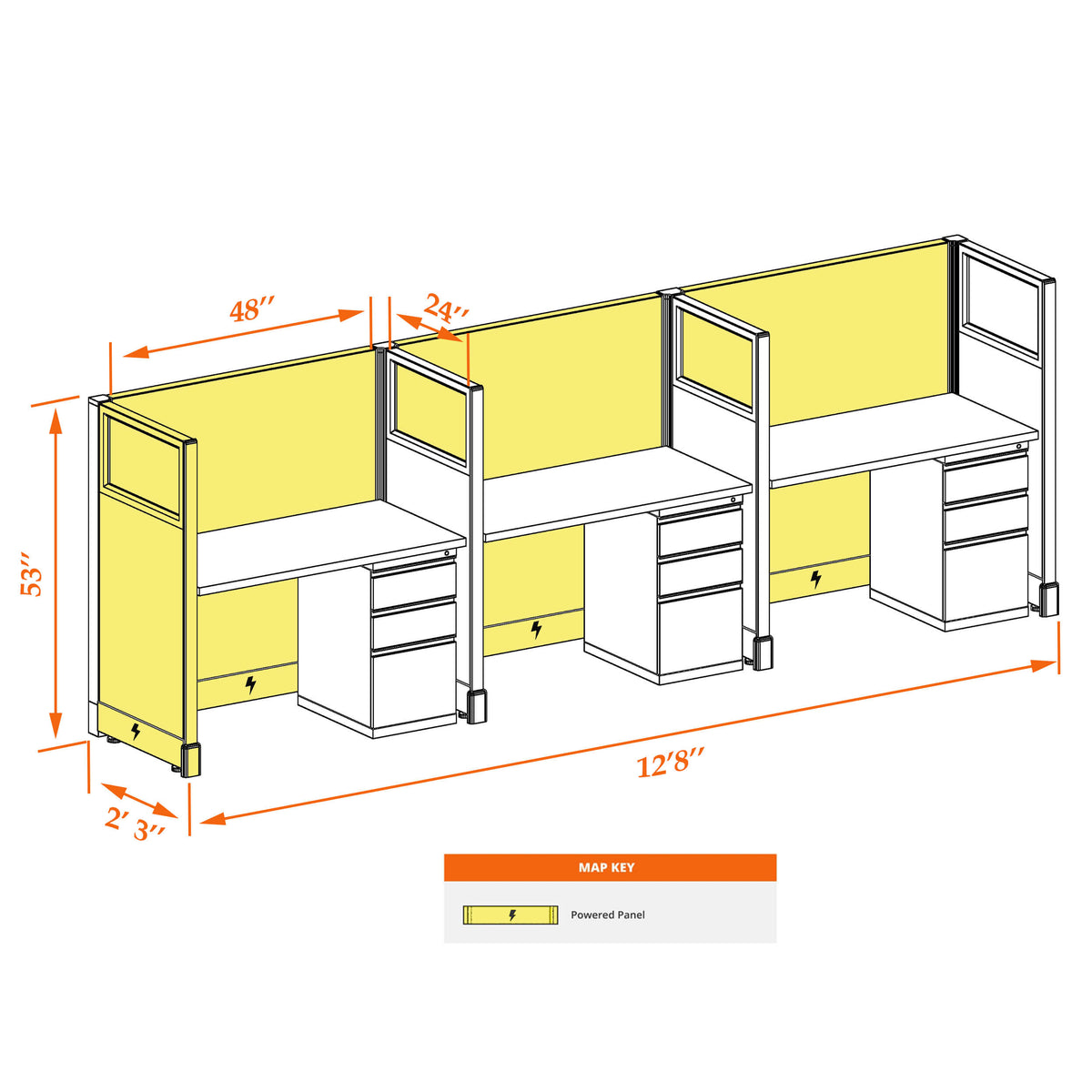 Call Center Cubicles With Glass 53H 3-Pack In-Line Powered