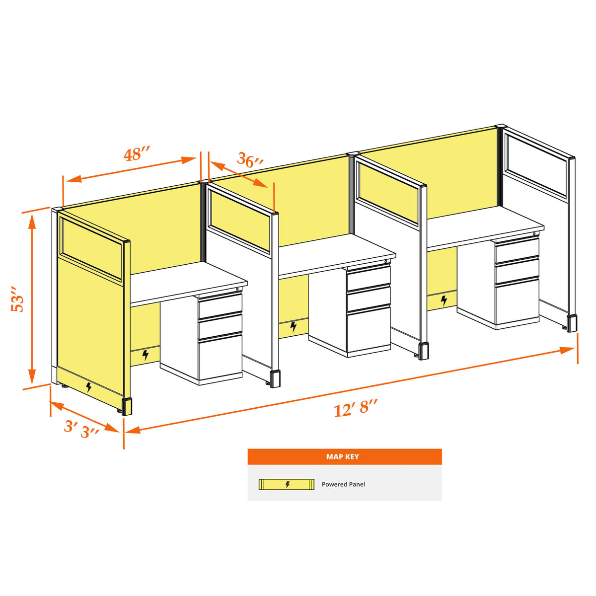 Call Center Cubicles With Glass 53H 3-Pack In-Line Powered