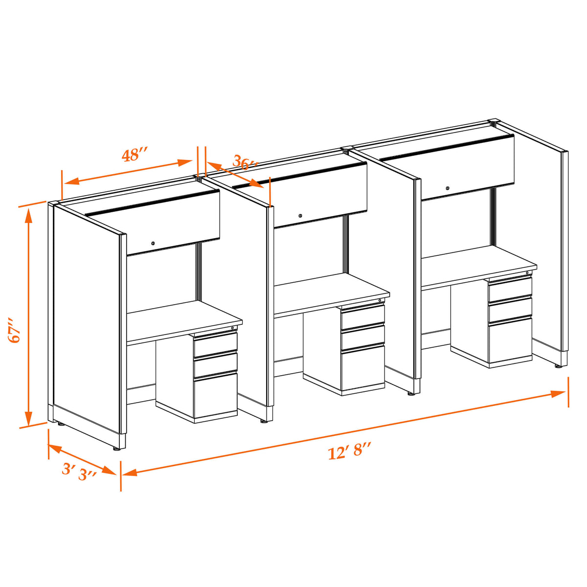 Call Center Cubicles 67H 3-Pack In-Line Non-Powered