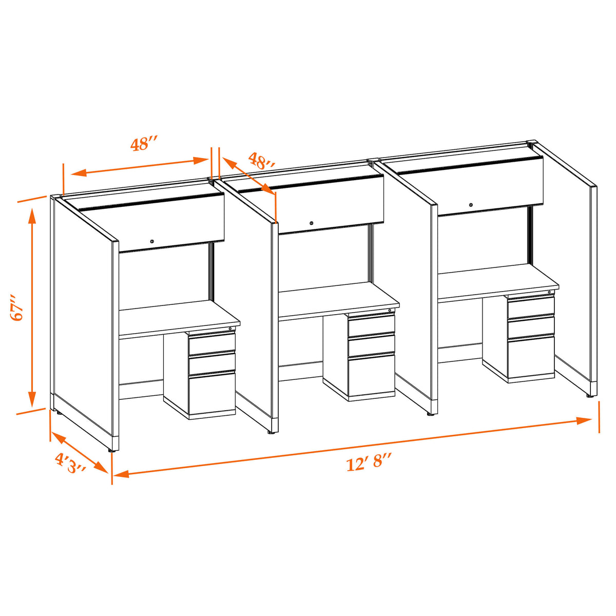 Call Center Cubicles 67H 3-Pack In-Line Non-Powered