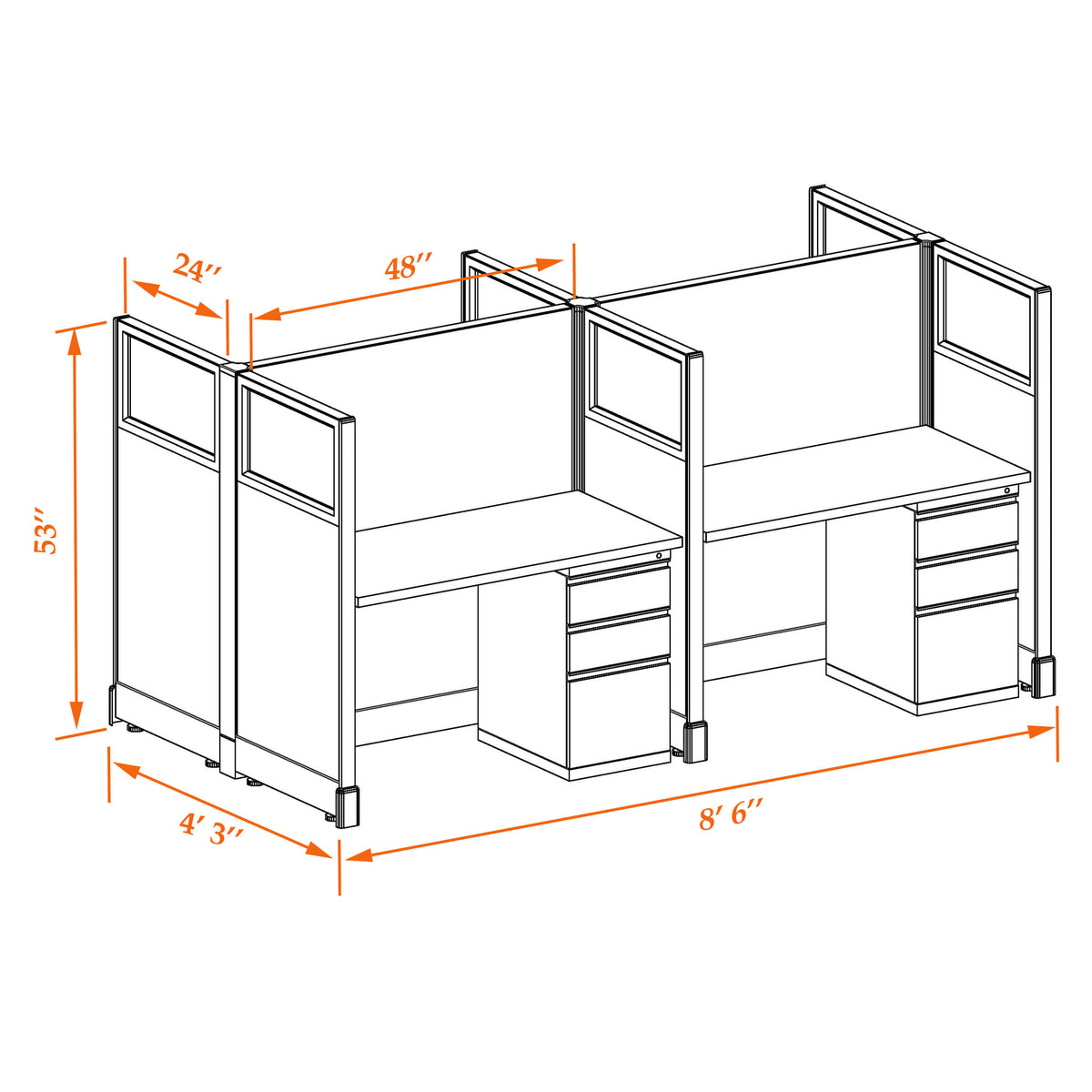 Call Center Cubicles With Glass 53H 4-Pack Cluster Non-Powered