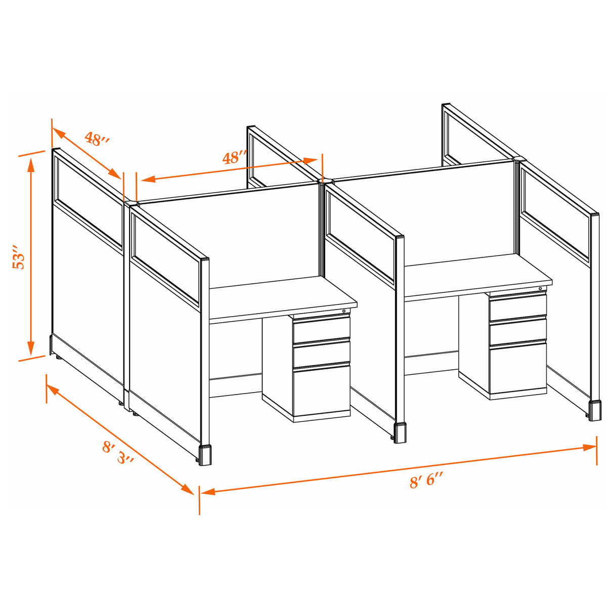 Call Center Cubicles With Glass 53H 4-Pack Cluster Non-Powered