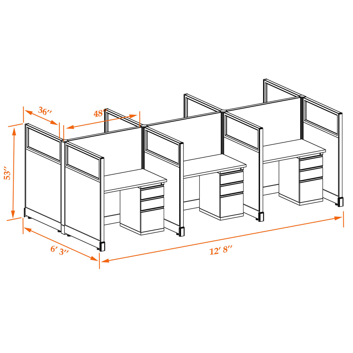 Call Center Cubicles With Glass 53H 6-Pack Cluster Non-Powered
