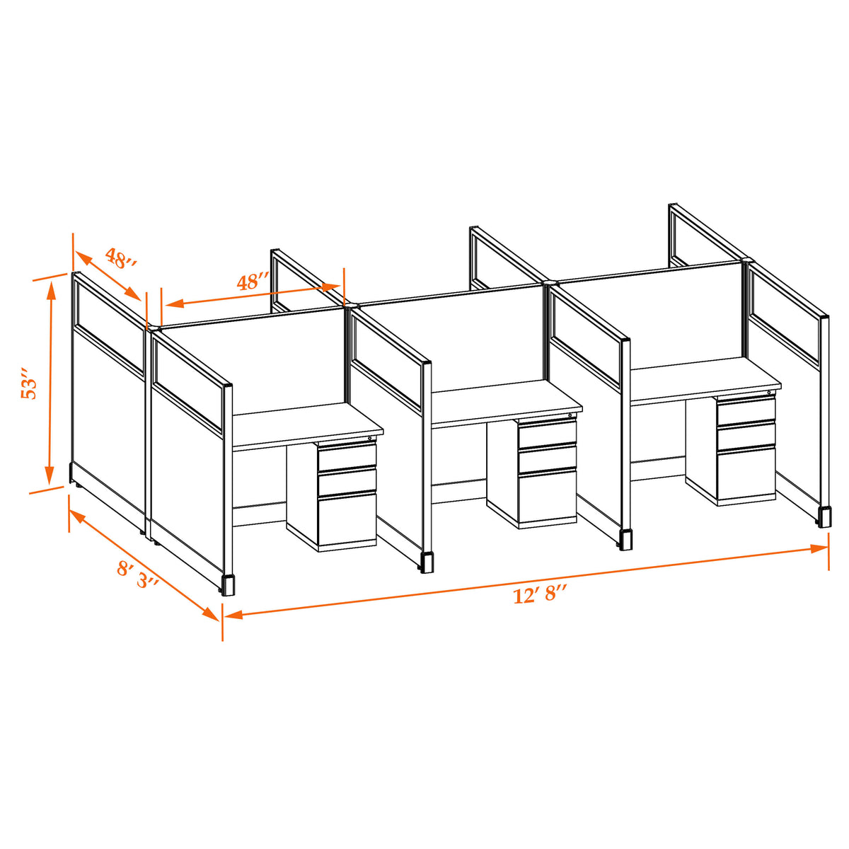 Call Center Cubicles With Glass 53H 6-Pack Cluster Non-Powered