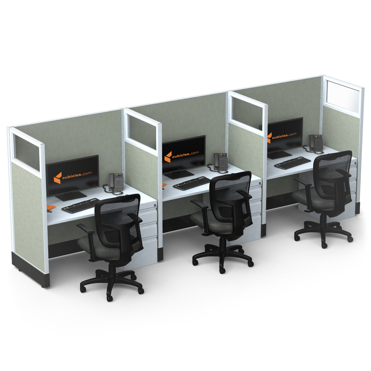 Call Center Cubicles With Glass 53H 3-Pack In-Line Powered