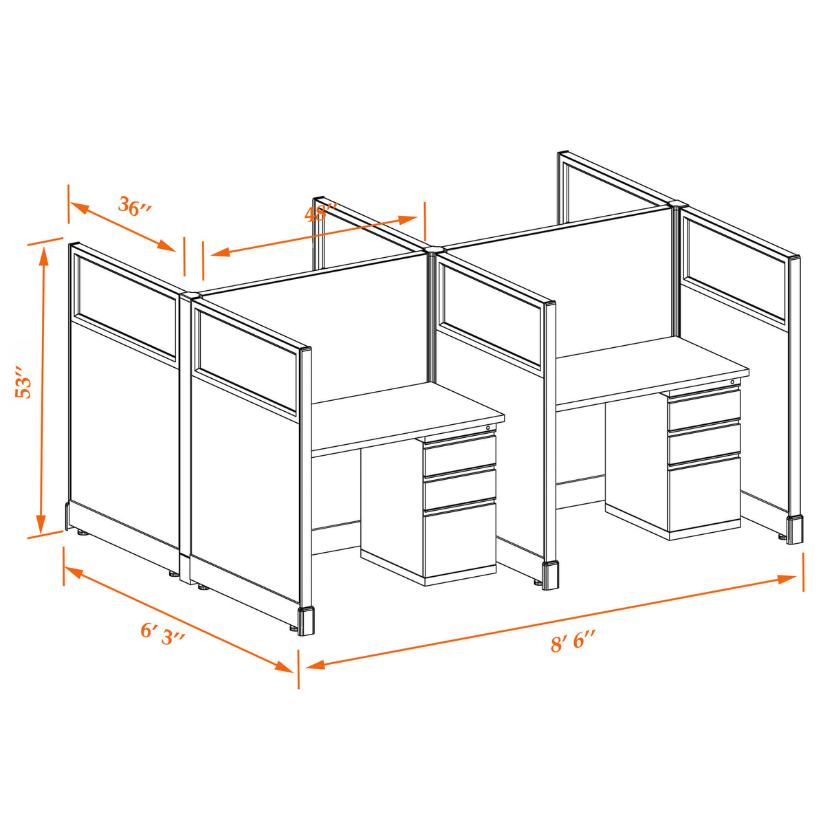 Call Center Cubicles With Glass 53H 4-Pack Cluster Non-Powered