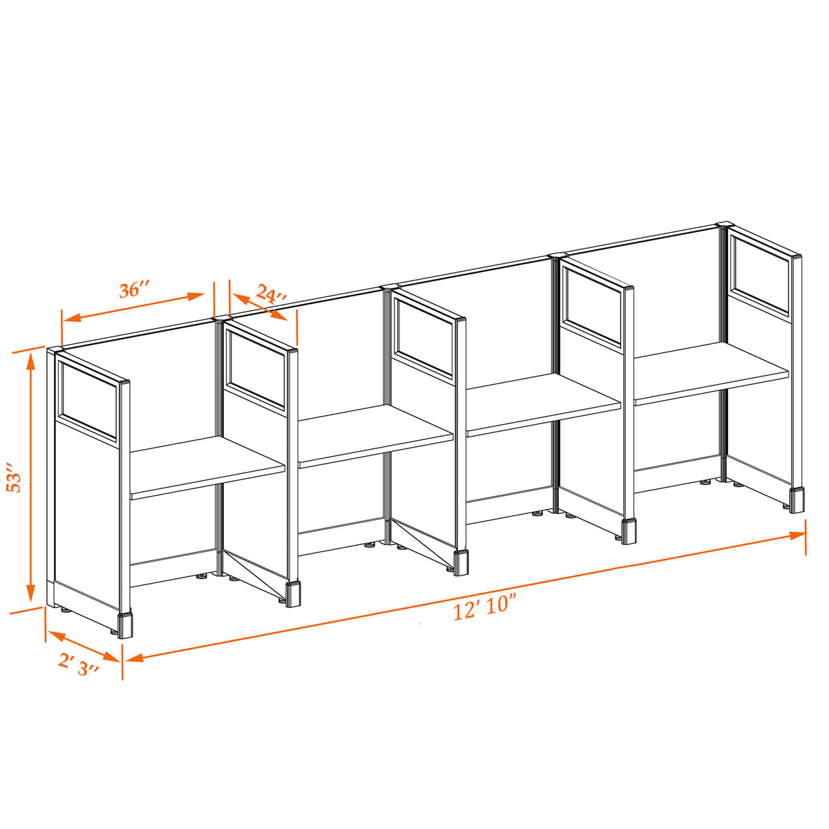 Call Center Cubicles With Glass 53H 4-Pack In-Line Non-Powered