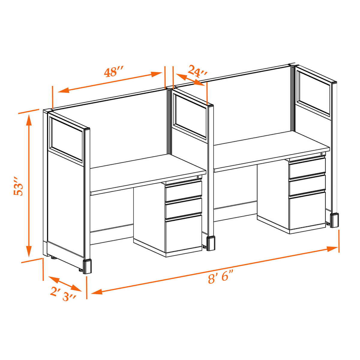 Call Center Cubicles With Glass 53H 2-Pack In-Line Non-Powered